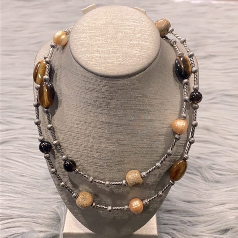 Carolyn Pollack Sterling 36" Jasper Tigers Eye Pearl Quartz Bead Necklace